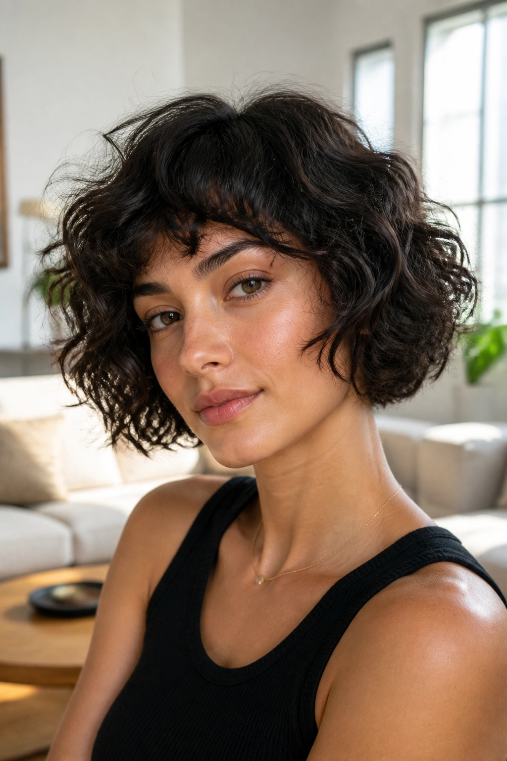Close-up portrait of a real woman with curly French bob and bounce