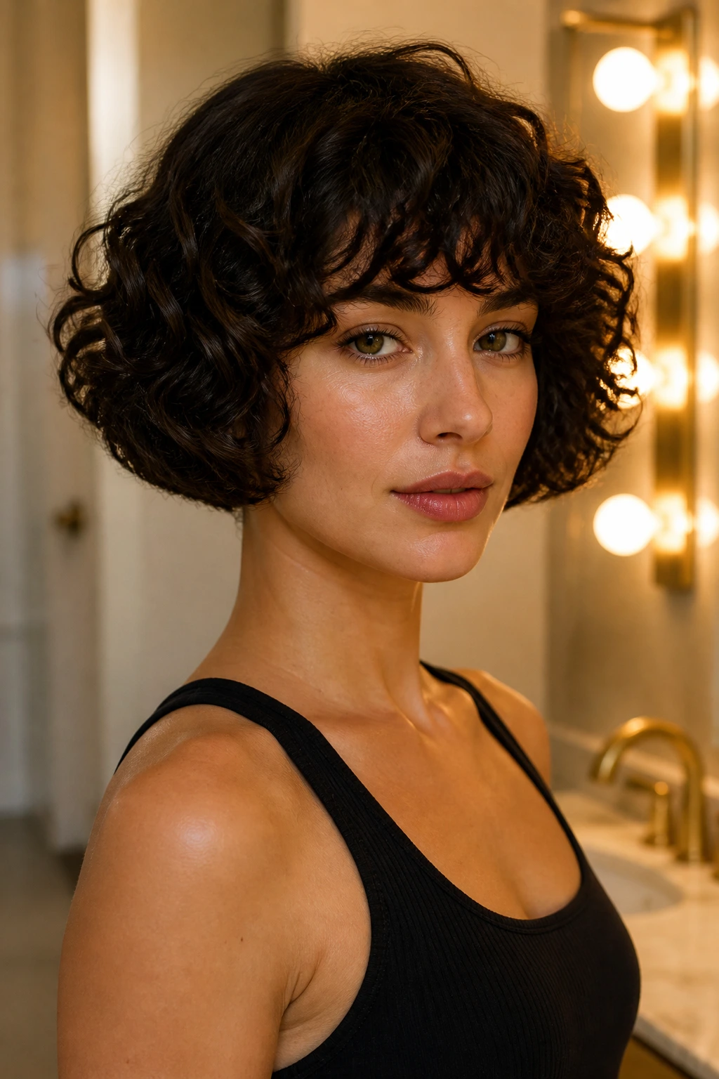 Portrait of a real woman with curly French bob and blunt line