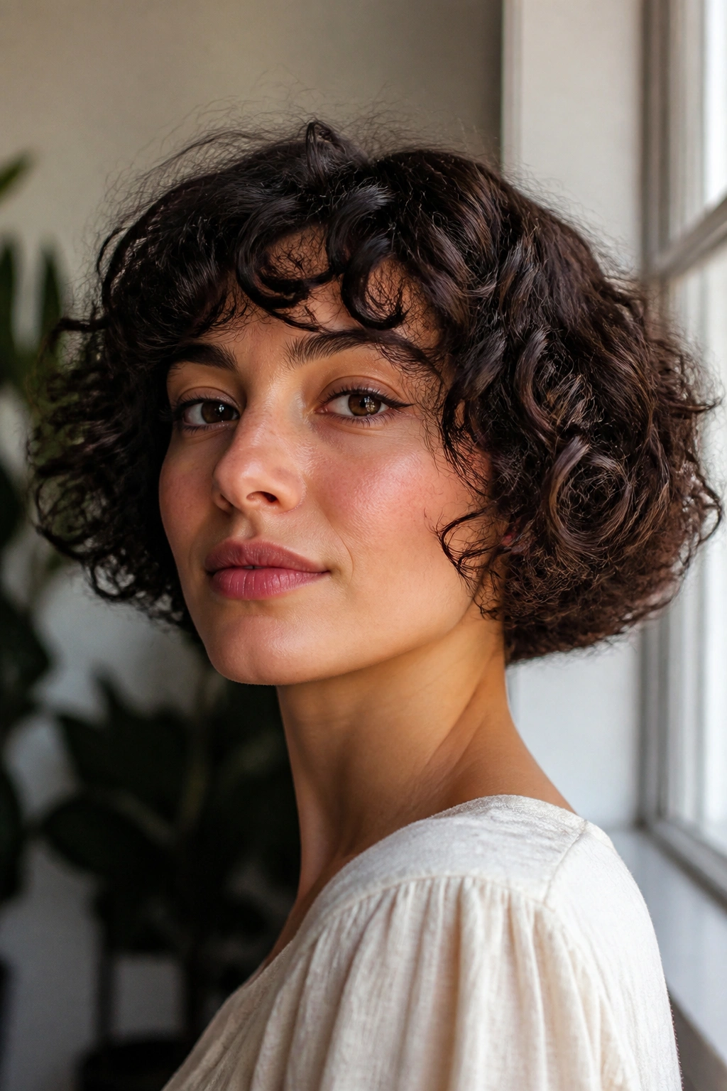 Close-up of a real person with a curly French bob showing rounded shape and under-cheekbone curls