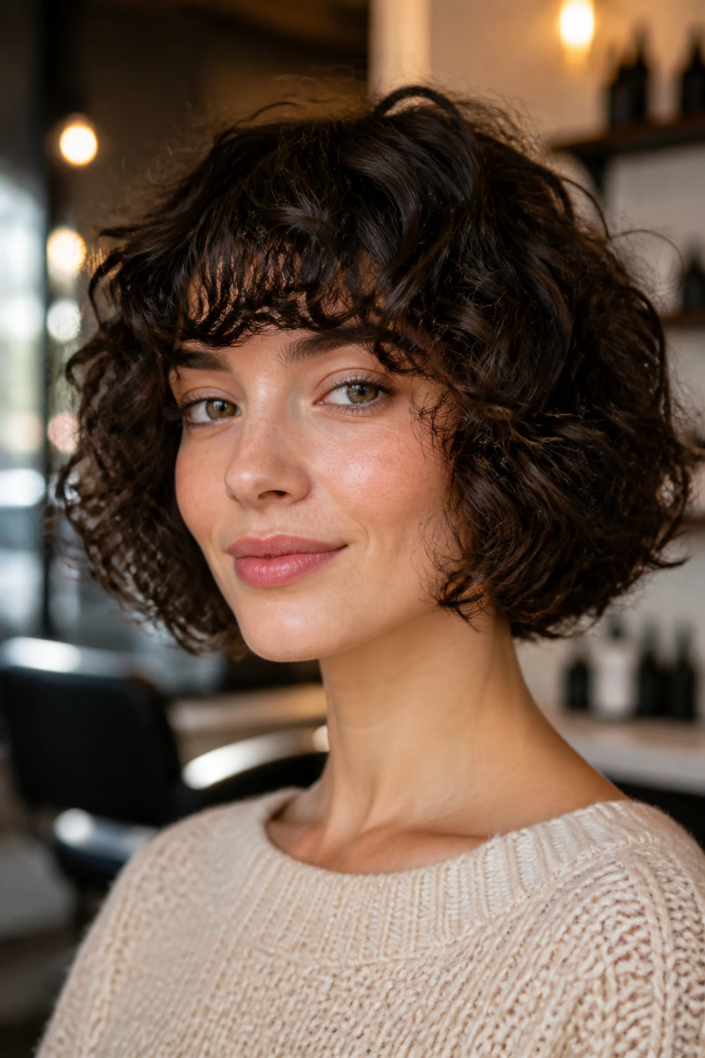 Close-up of a real woman with curly French bob and curly bangs in a cozy salon