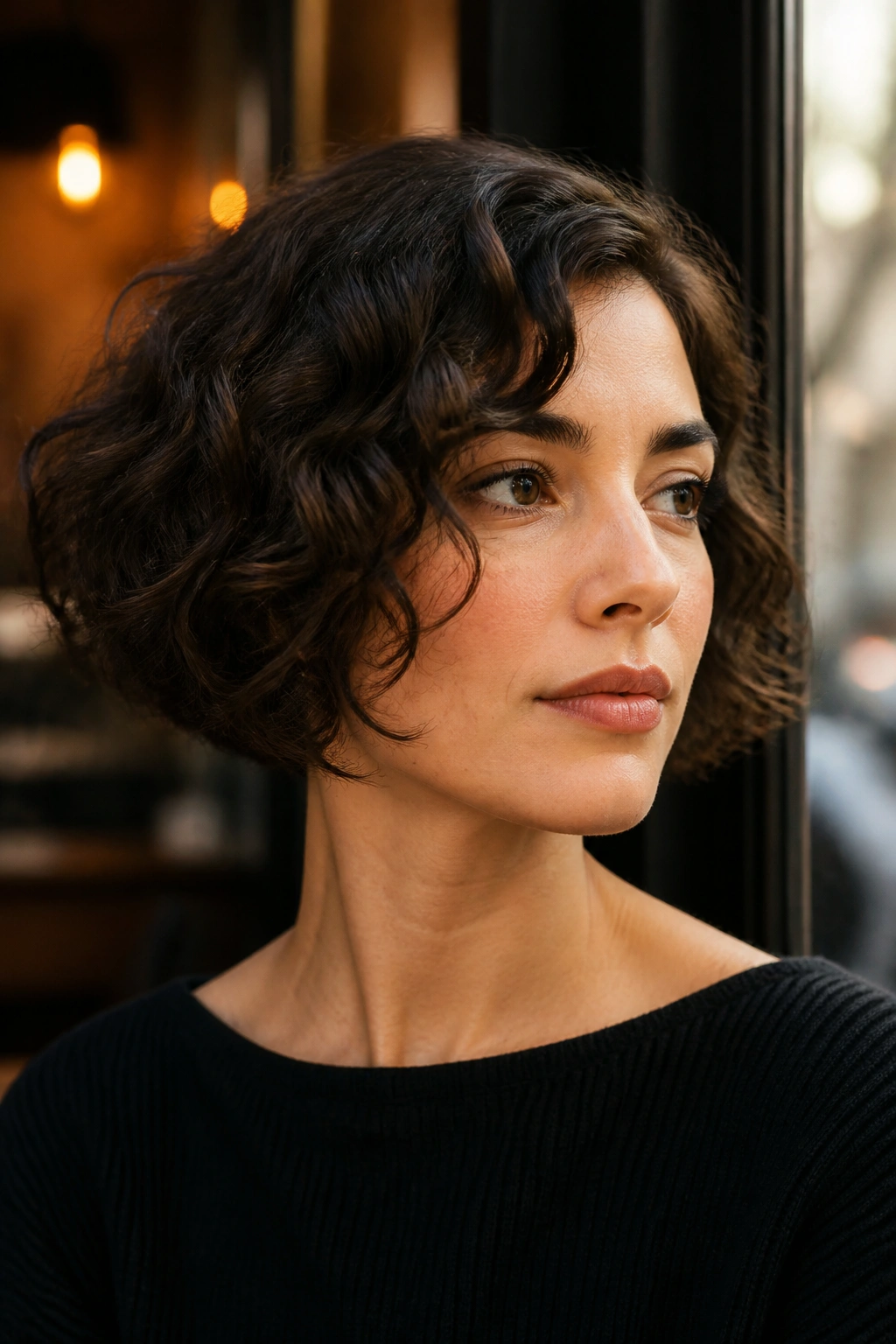 Close-up of a real woman with jaw-length curly French bob and blunt ends