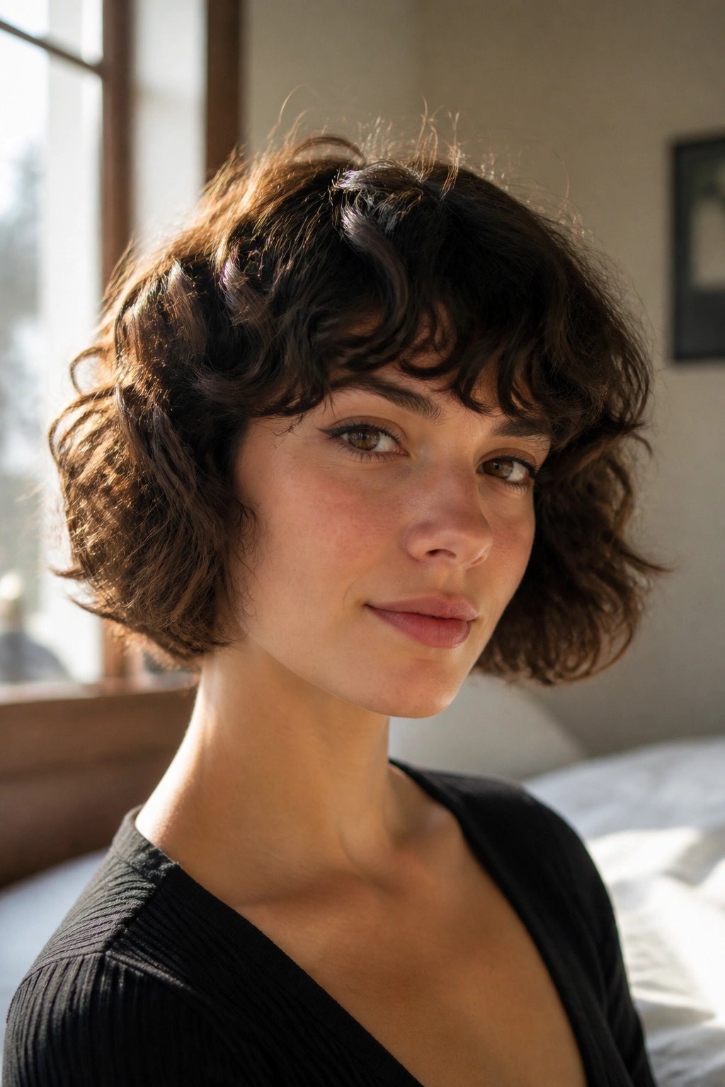 Close-up of a real woman with a Curly French Bob With Rounded Fringe in natural window light