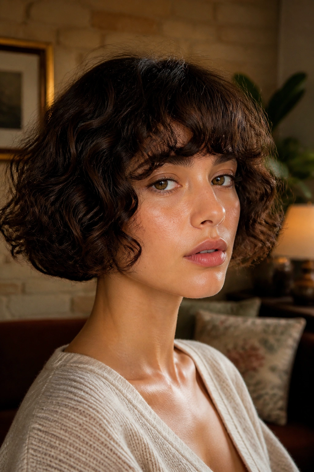Close-up portrait of a real woman with a curly French bob and rounded fringe.
