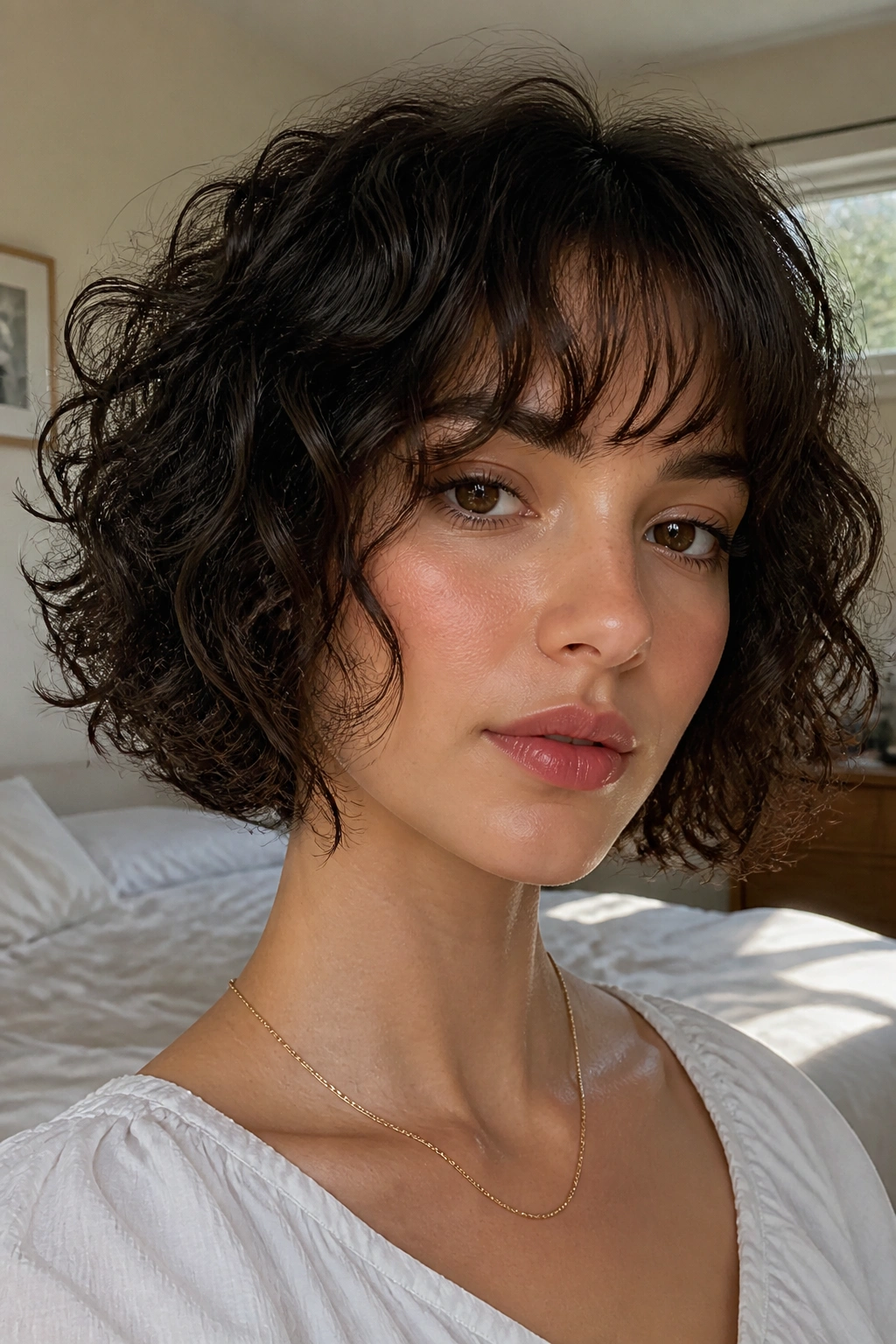 Close-up portrait of a woman with curly French bob and soft fringe