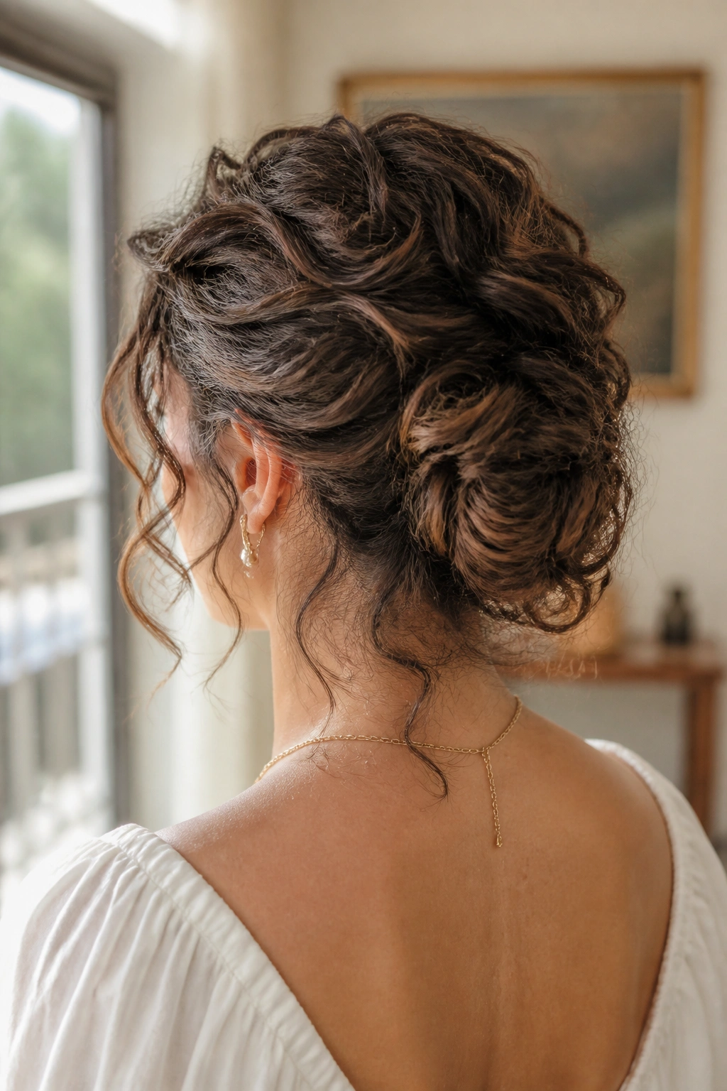 Three-quarter rear view of a woman with curly French twist and loose ends