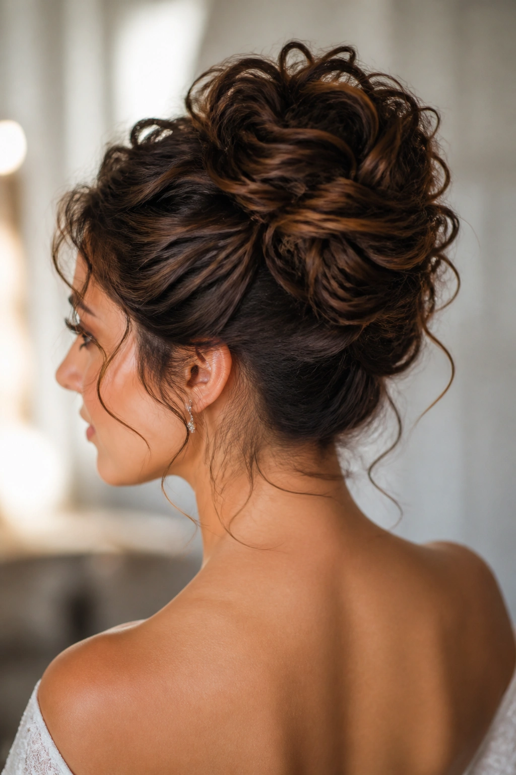 Profile of bride with Curly French Twist With Soft Lift