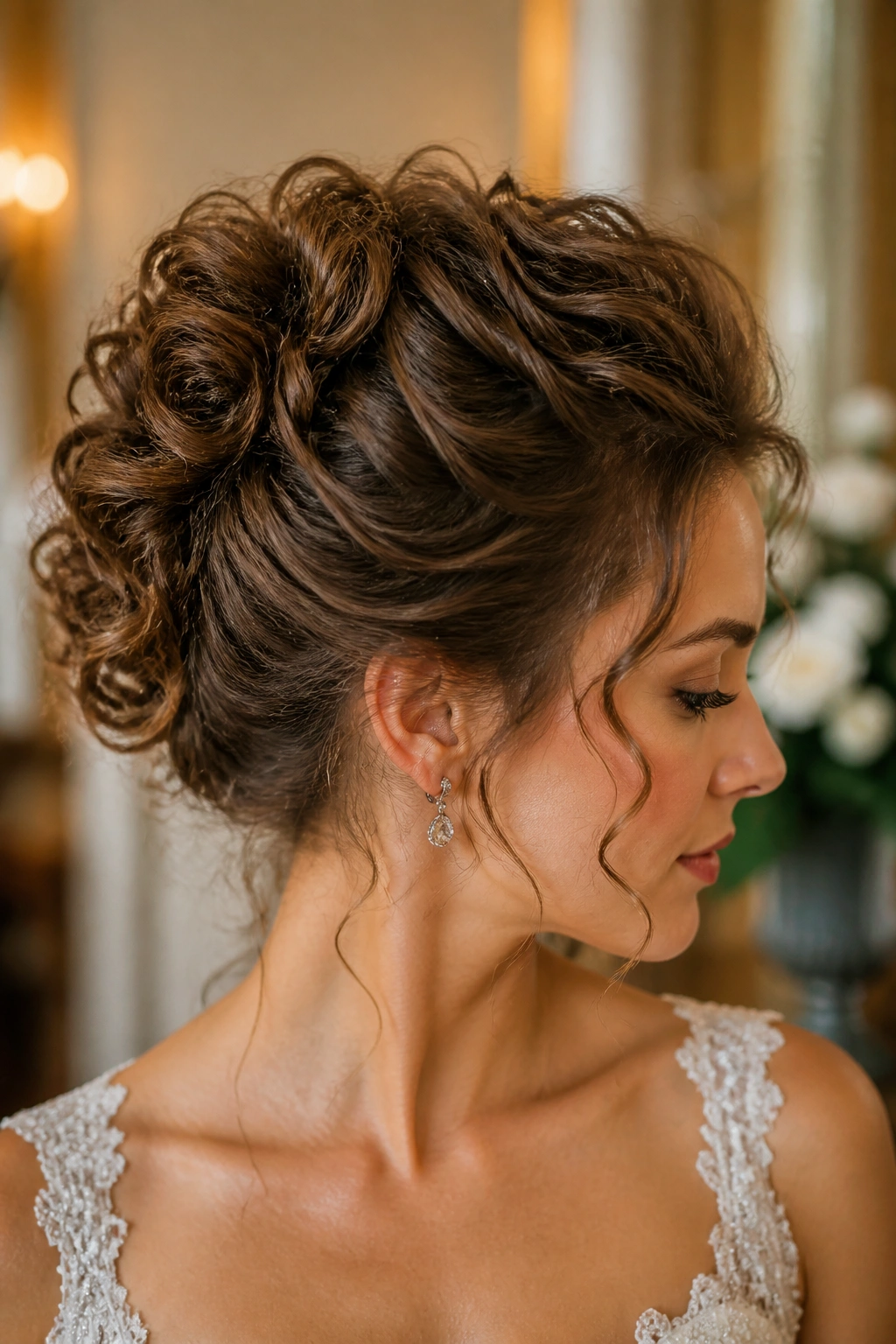 Close-up of a real bride wearing a curly French twist with crown volume