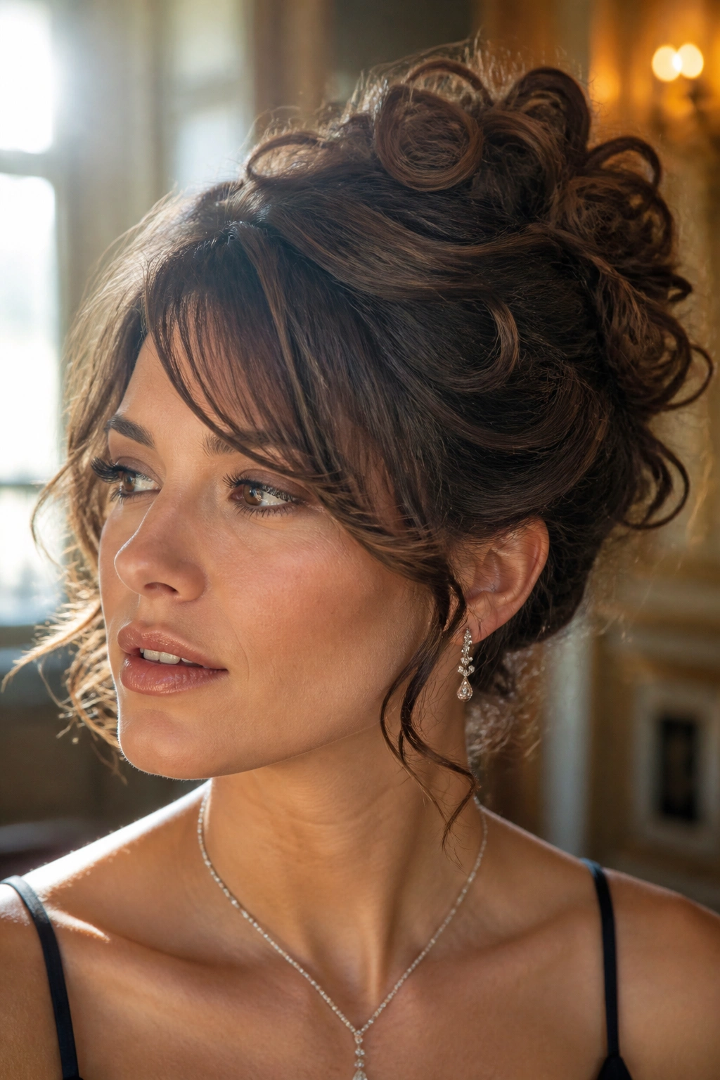 Close-up of a real woman with a curly French twist and side bangs.