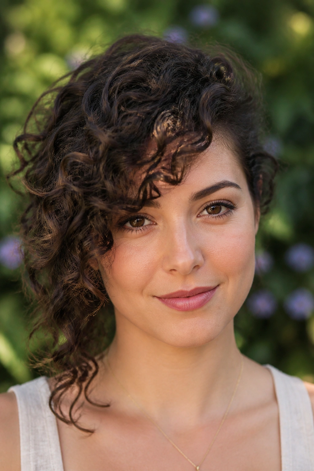 Close-up of a real person with curly side swept fringe framing the forehead