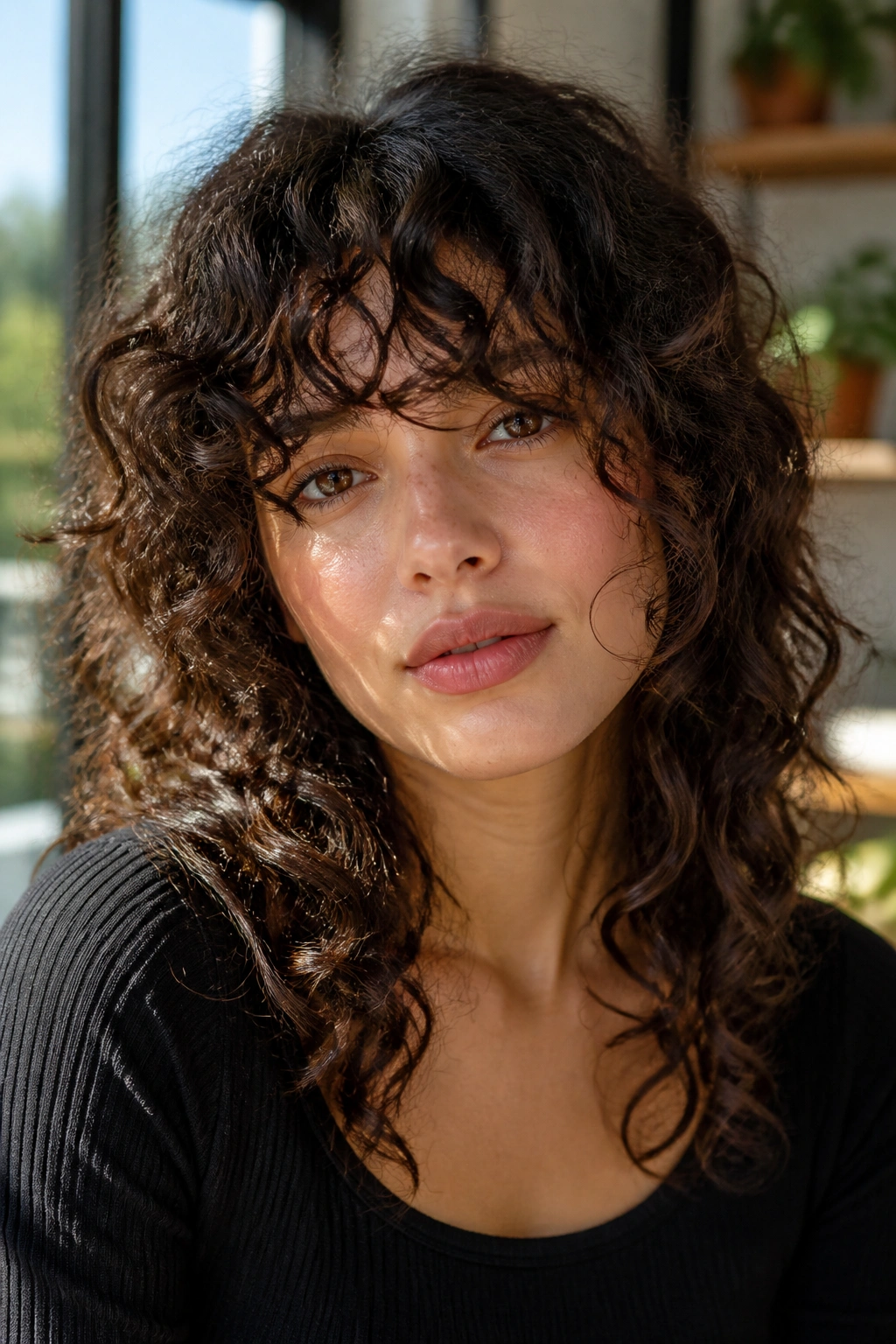 Close-up of a real person with curly fringe resting at the eyebrows