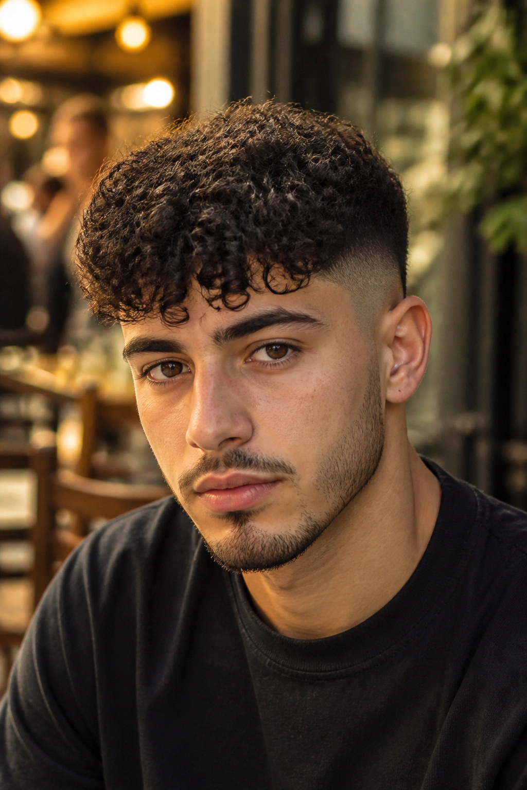 Man with curly fringe fade portrait outdoors at cafe