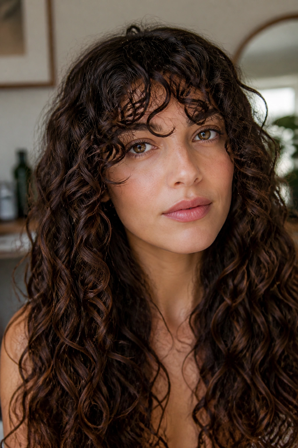 Close-up of a real woman with curly fringe framing the forehead
