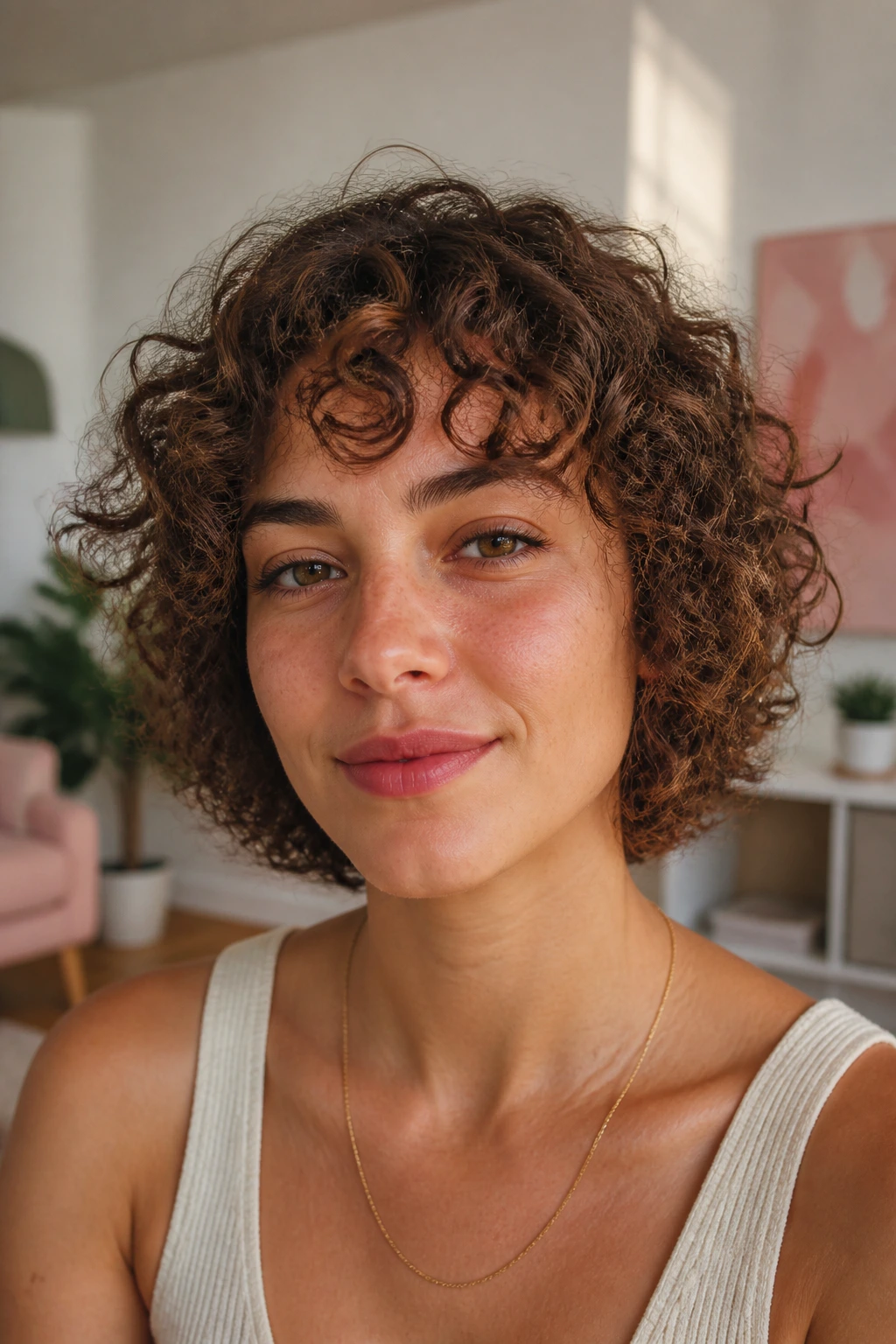Close-up portrait of a real person with curly fringe in sunny living room light