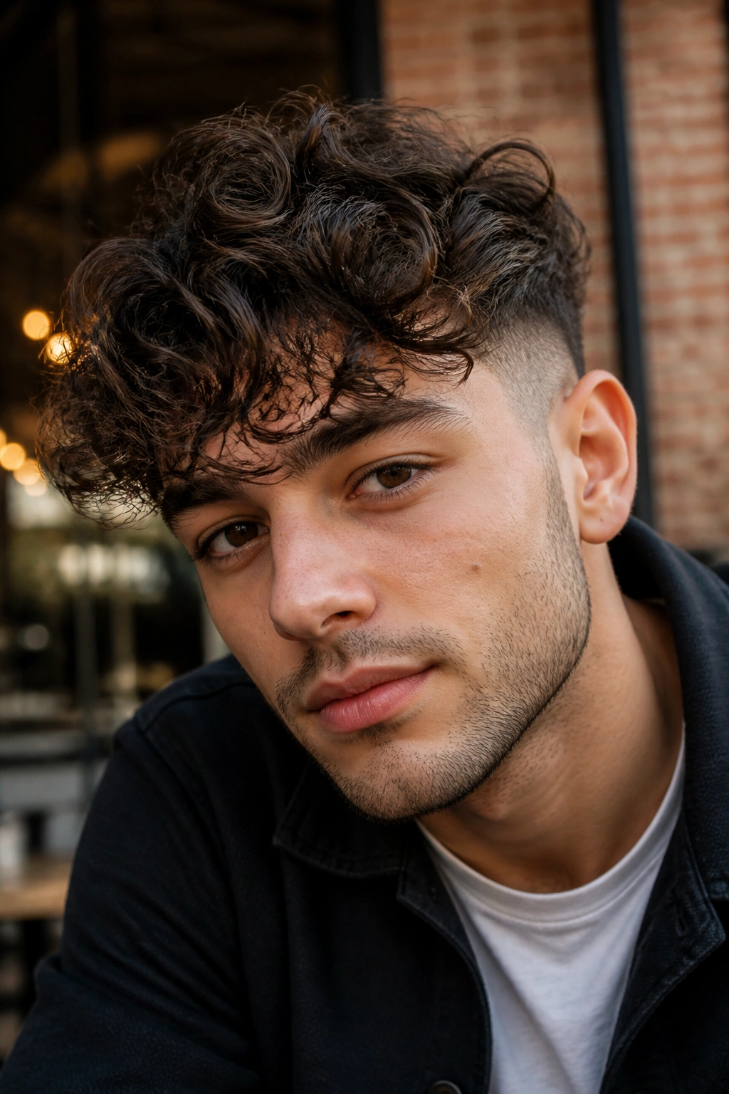 Close-up of a man with curly fringe undercut and forward-falling fringe