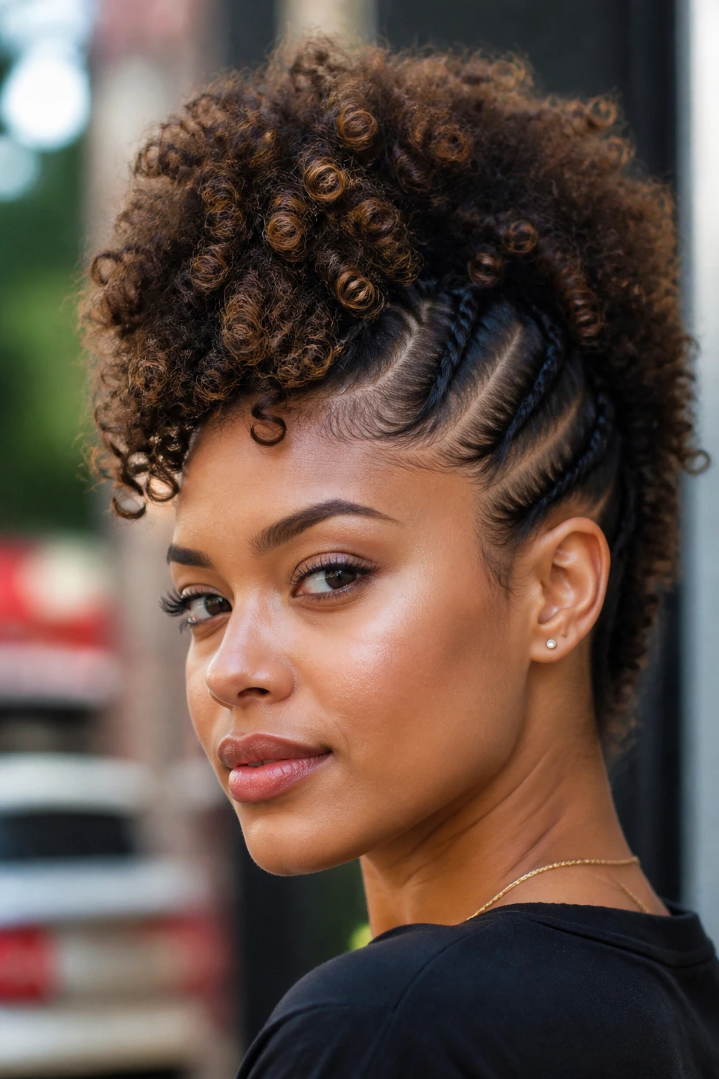 Curly frohawk hairstyle on a real person