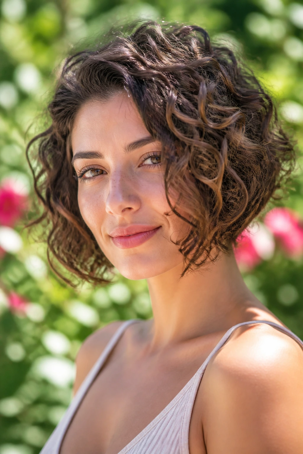 Close-up of Curly Graduated Bob on a real woman with voluminous curls in natural daylight