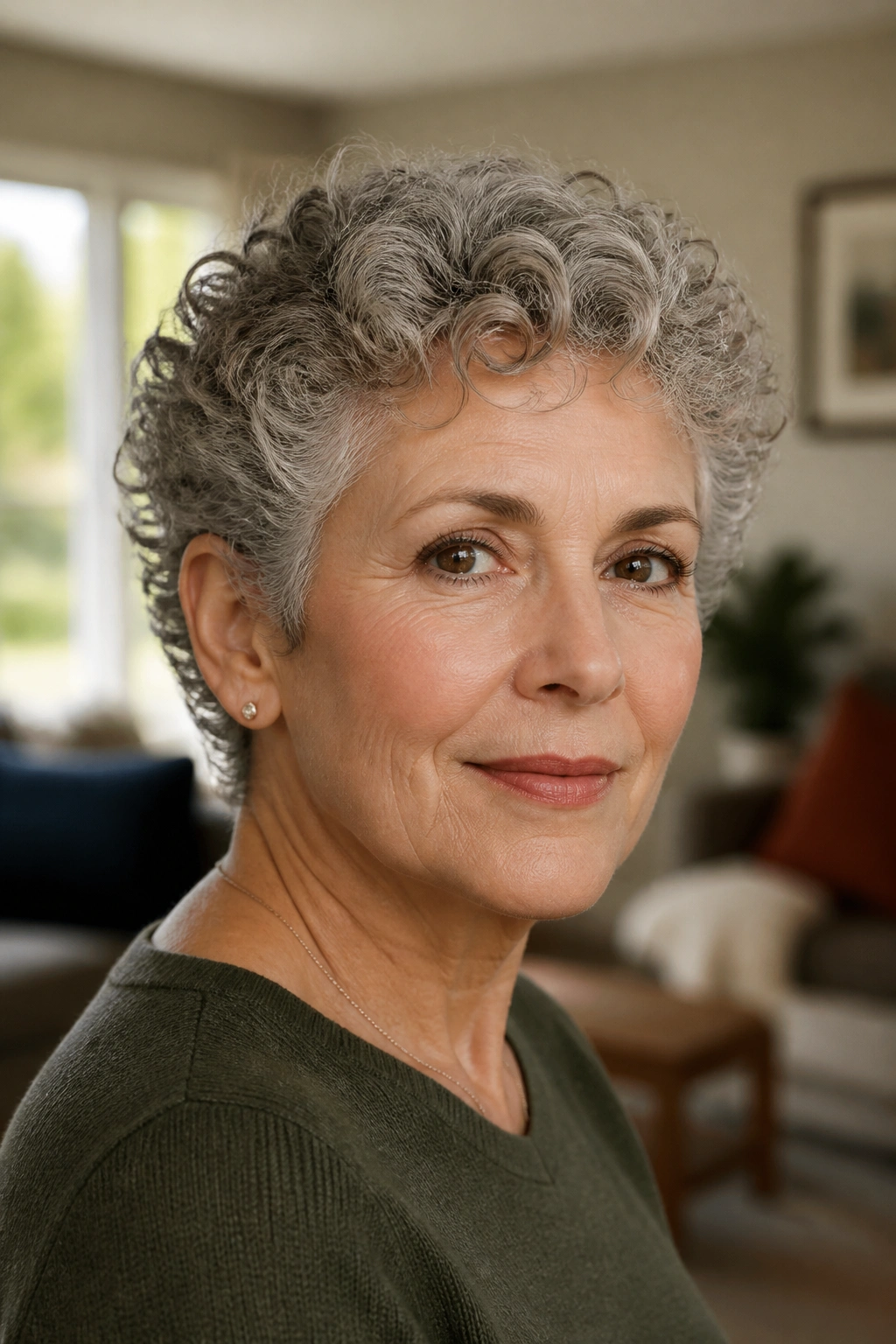 Close-up of a real woman with a curly gray crop around the ears in soft window light
