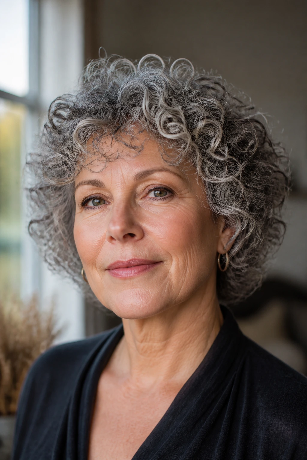 Close-up of a real woman with defined gray curls curl-by-curl