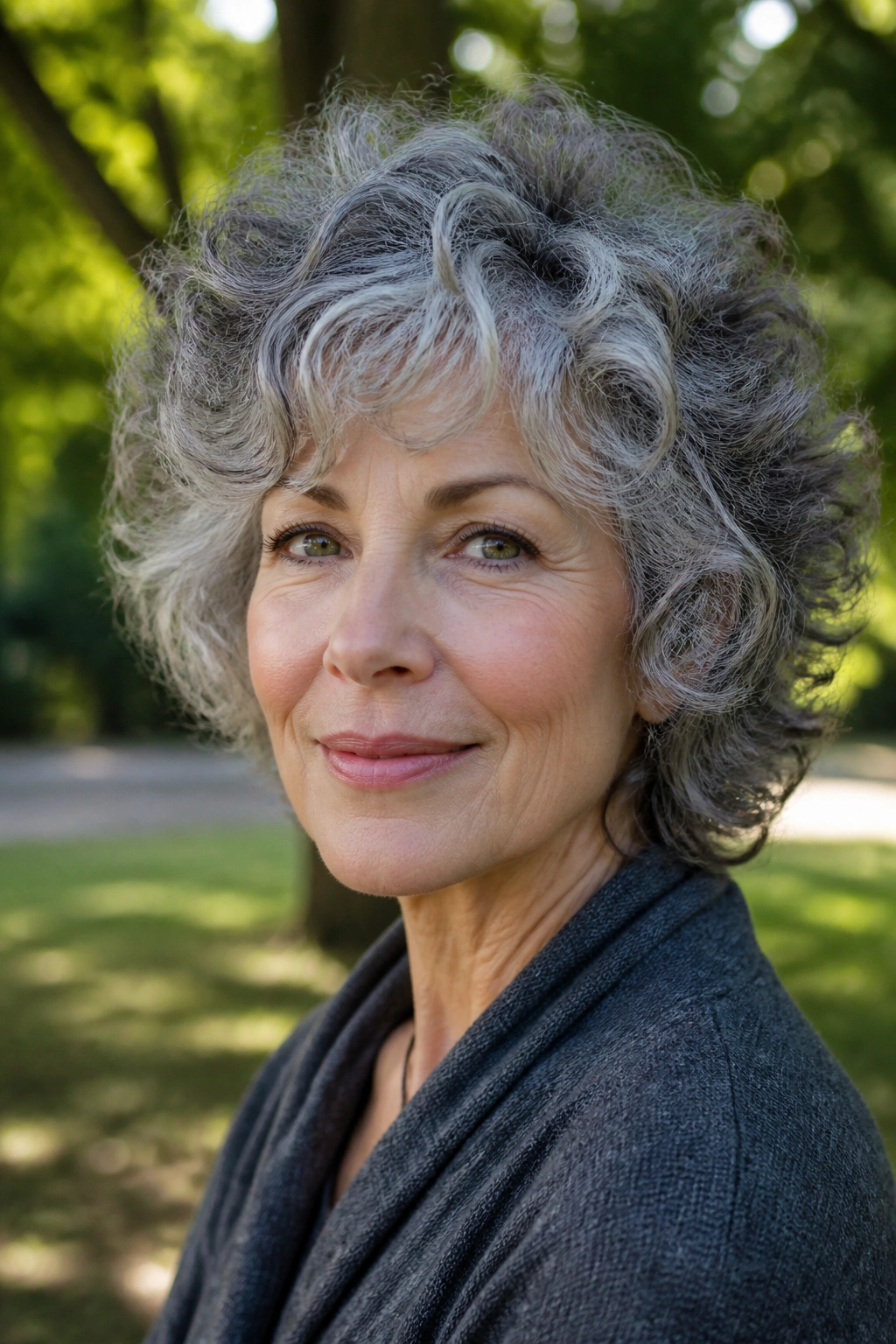 Close-up portrait of a real woman with a curly gray shag hairstyle