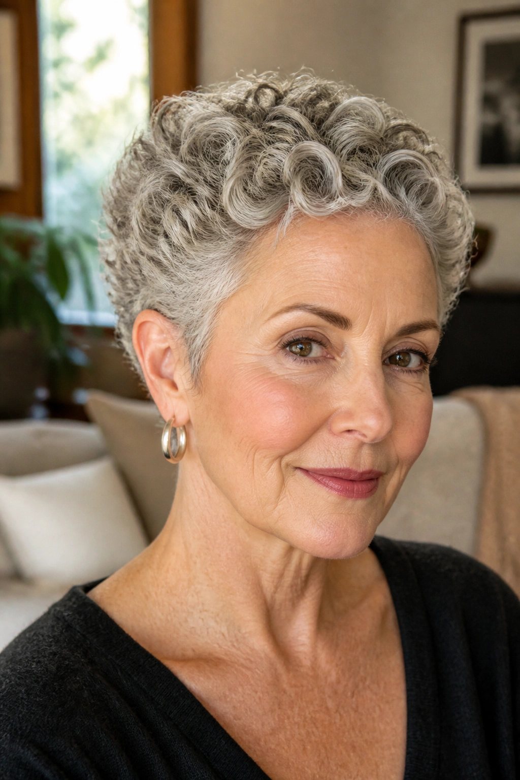 Close-up of a mature woman with grey curly crop showing natural texture