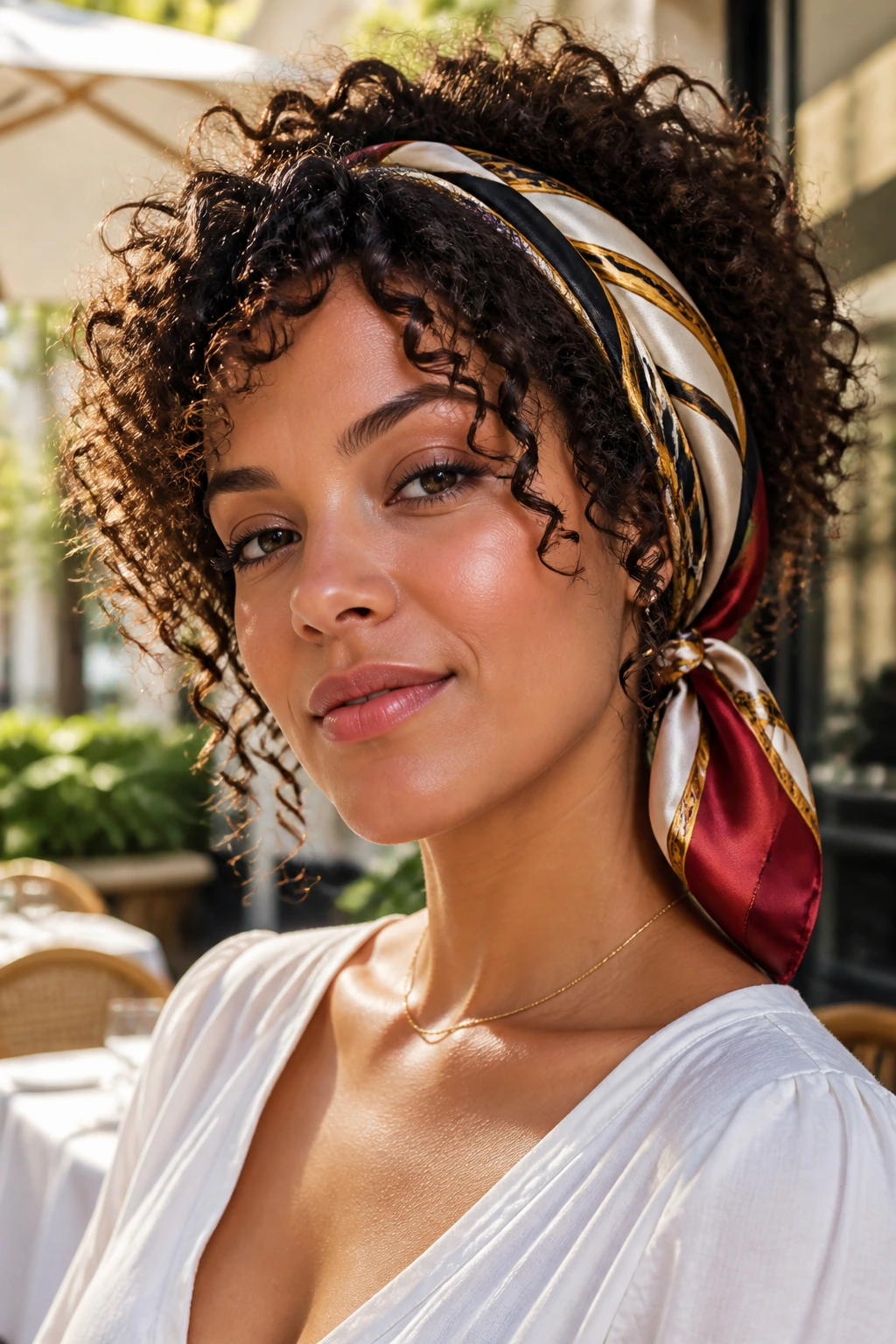 Real woman wearing satin scarf on curly hair in soft outdoor daylight
