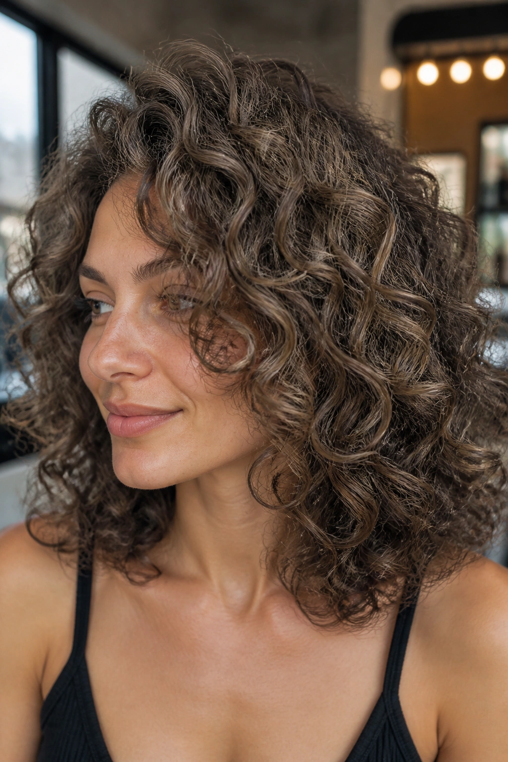 Close-up of a real person with curly ash brown hair and subtle babylights