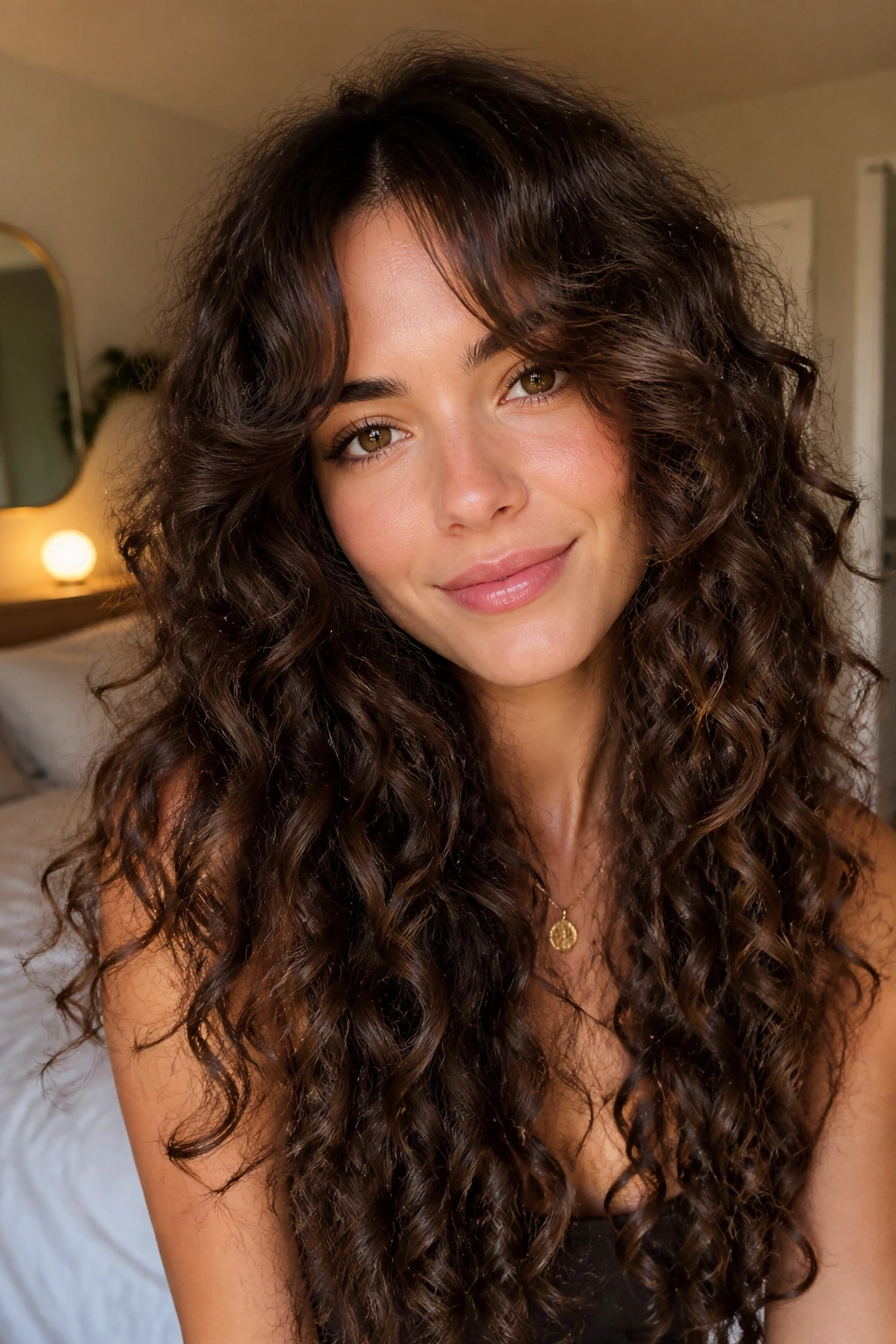 Close-up of a real woman with curtain bangs over long spiral curls in a sunlit bedroom