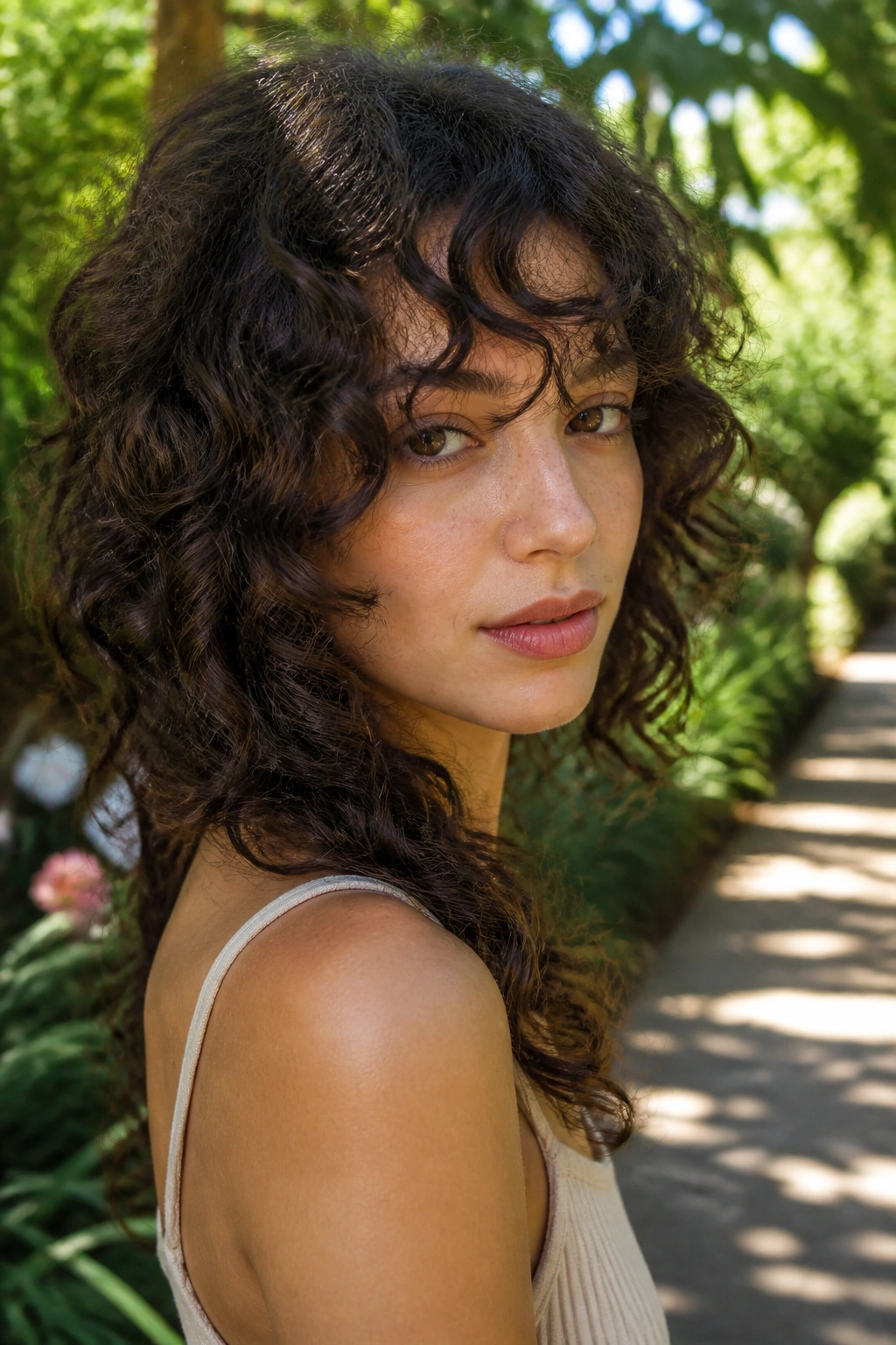 Close-up of a real woman with curly hair and long bangs in natural light