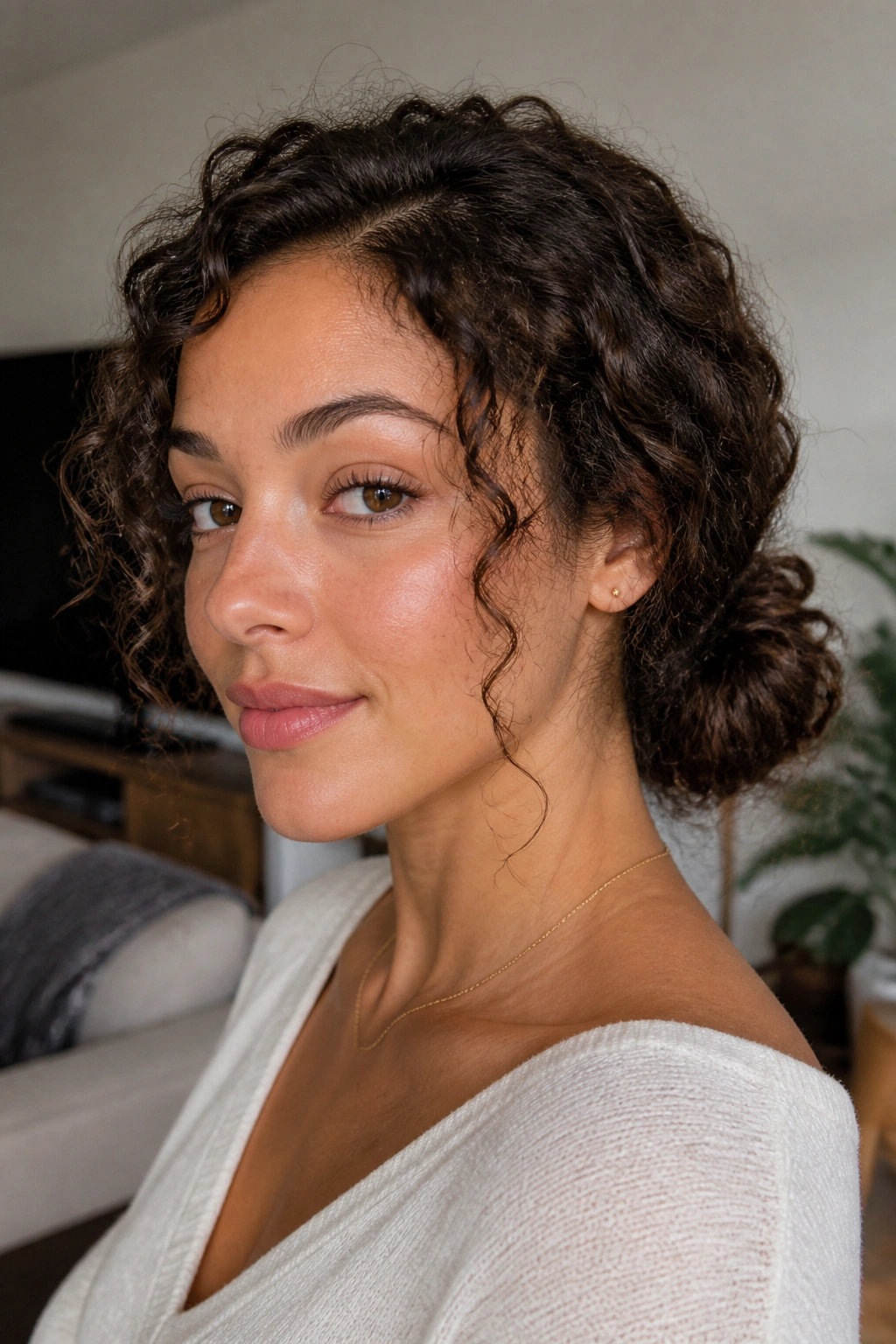 Close-up portrait of a woman with curly hair in a messy side bun