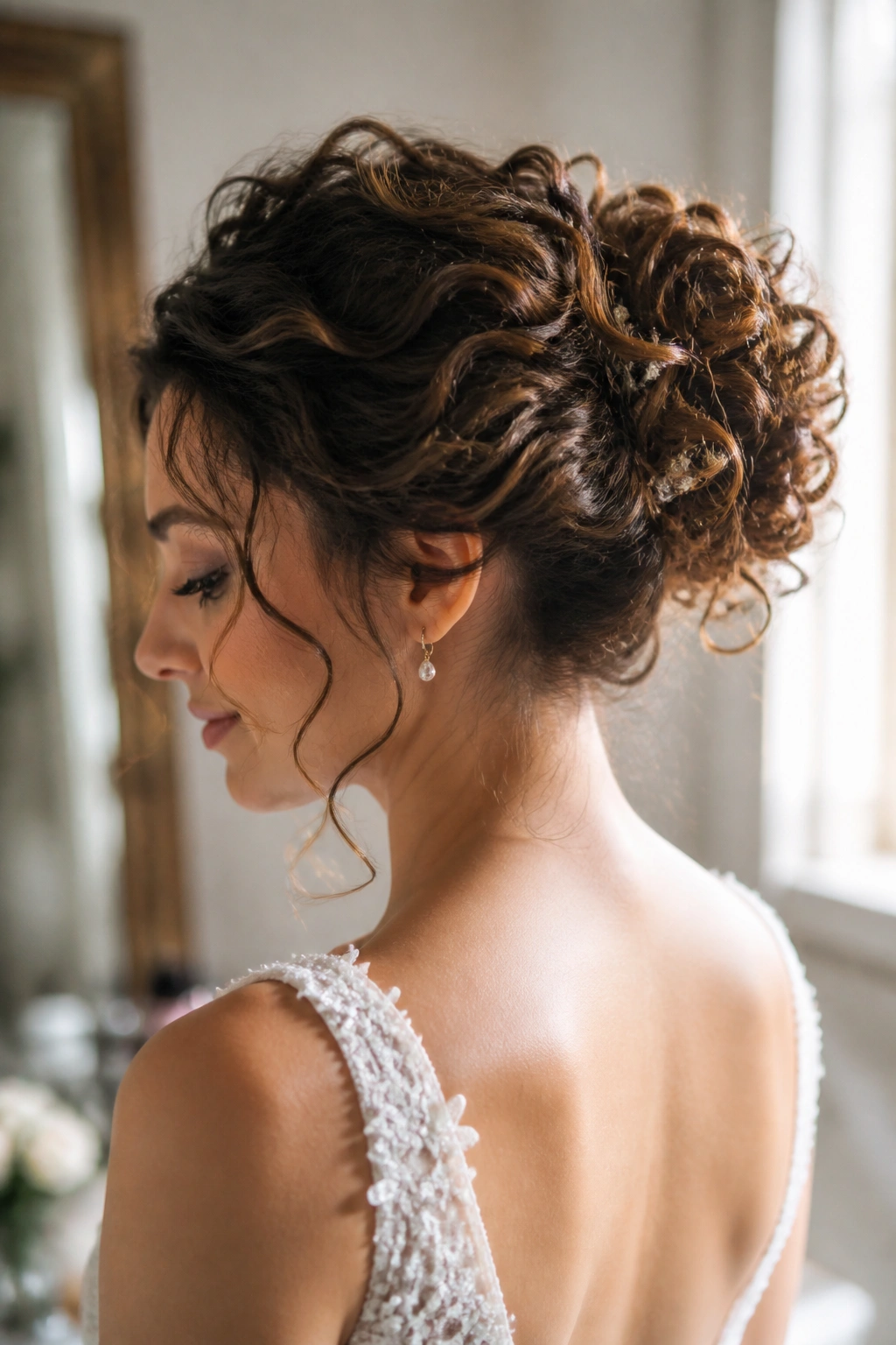 Close-up of real bride with curly pinned-up bun showing texture and lift.