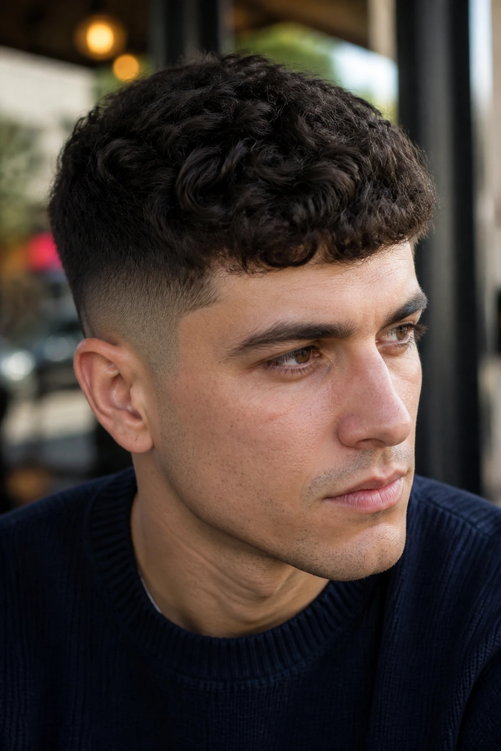 Close-up of a real man with curly Caesar Cut, short top and forward fringe