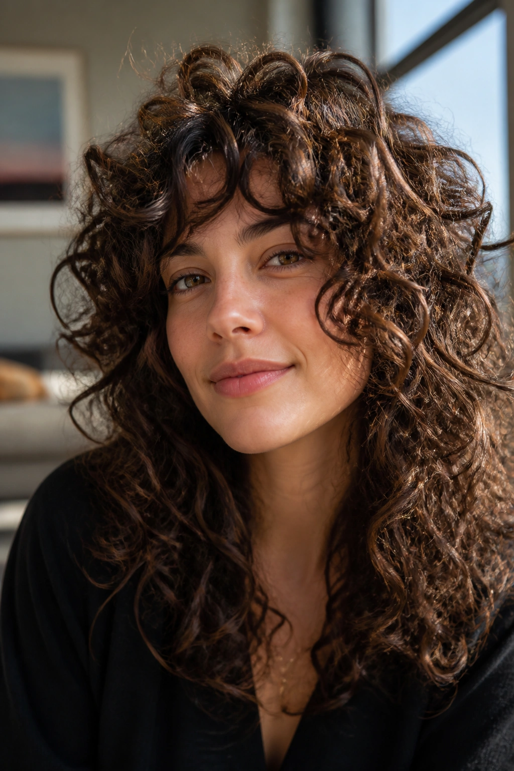 Close-up of a real woman with thick curly hair in choppy layers