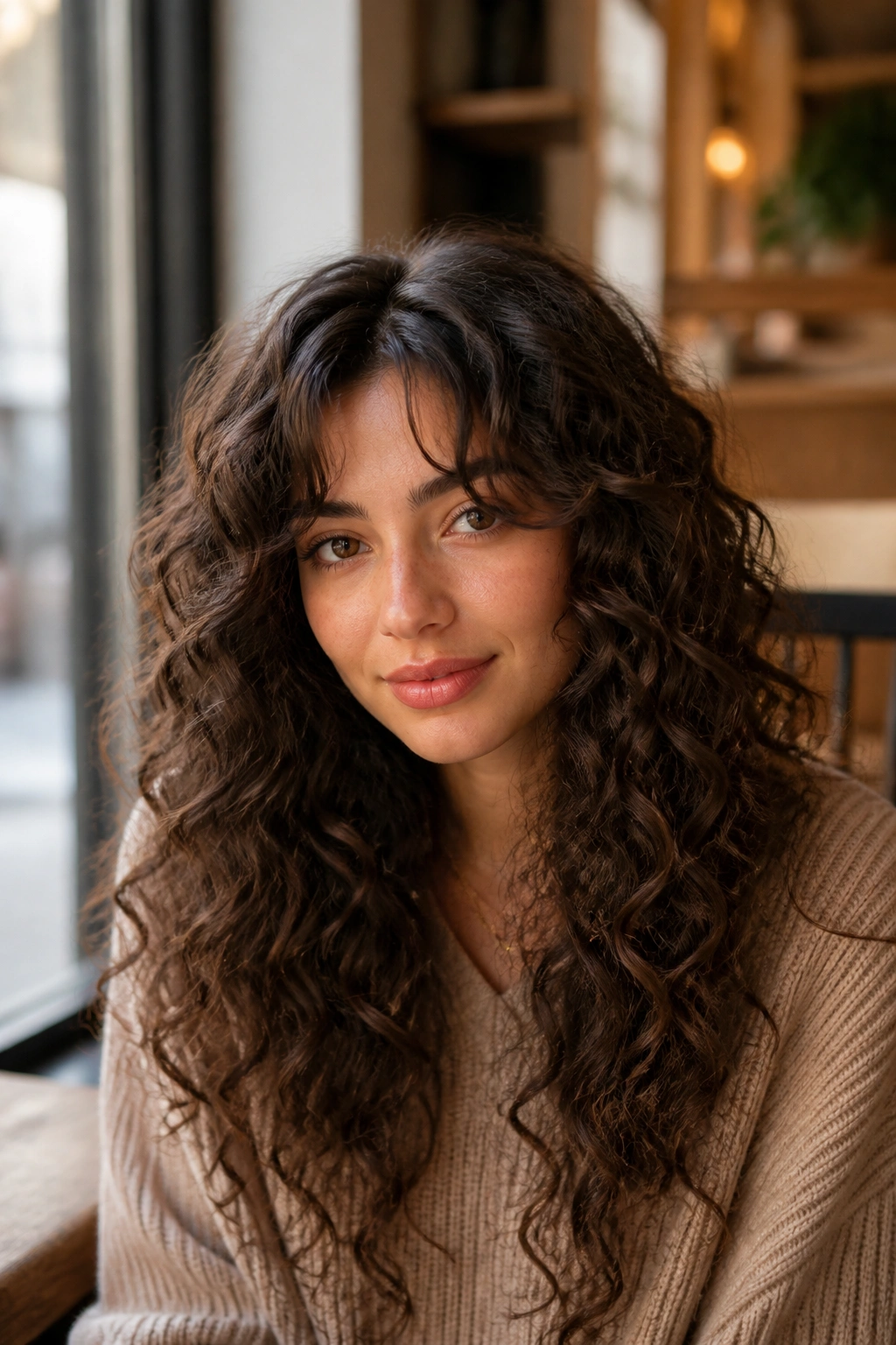 Close-up of woman with curtain bangs and long curls in natural daylight