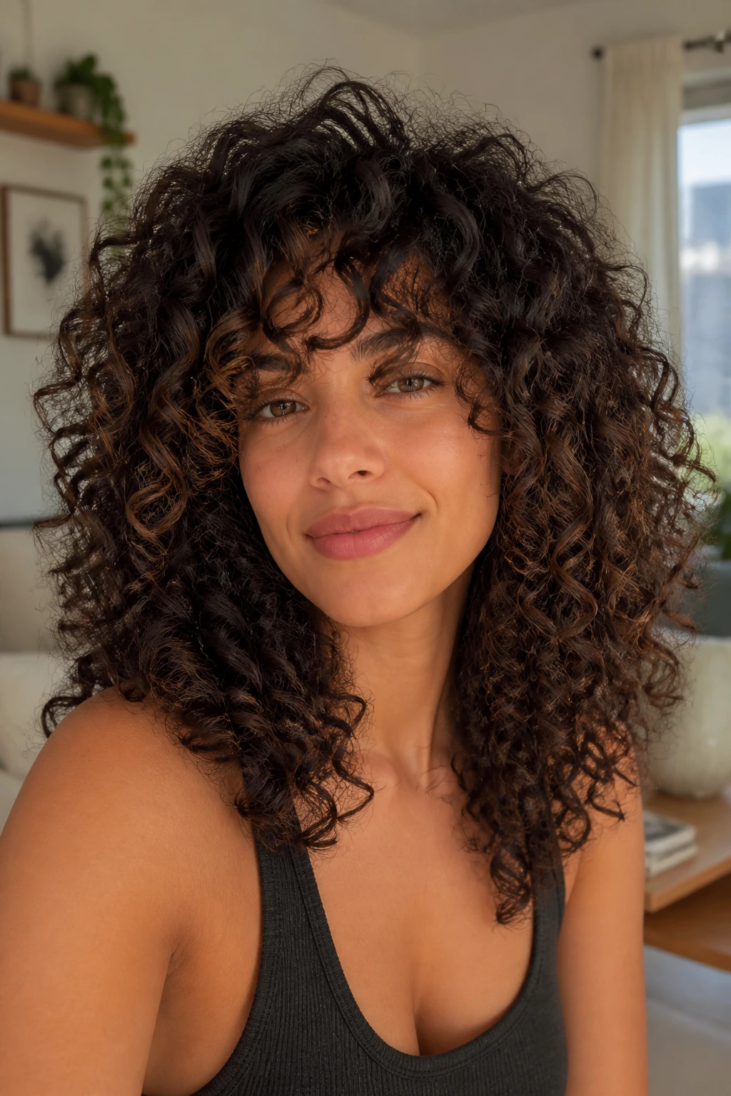 Close-up of real woman with curly hair showing dry-cut layers