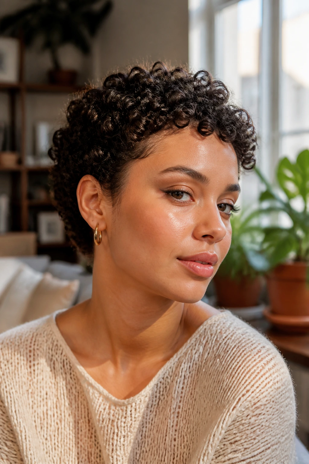 Portrait of a woman with curly ear-length crop and defined curls around the ears.