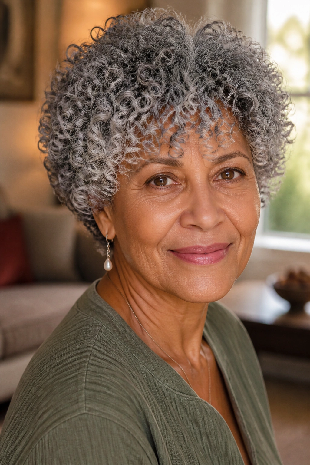 Close-up of an older woman with a curly wash-and-go crop and gray curls