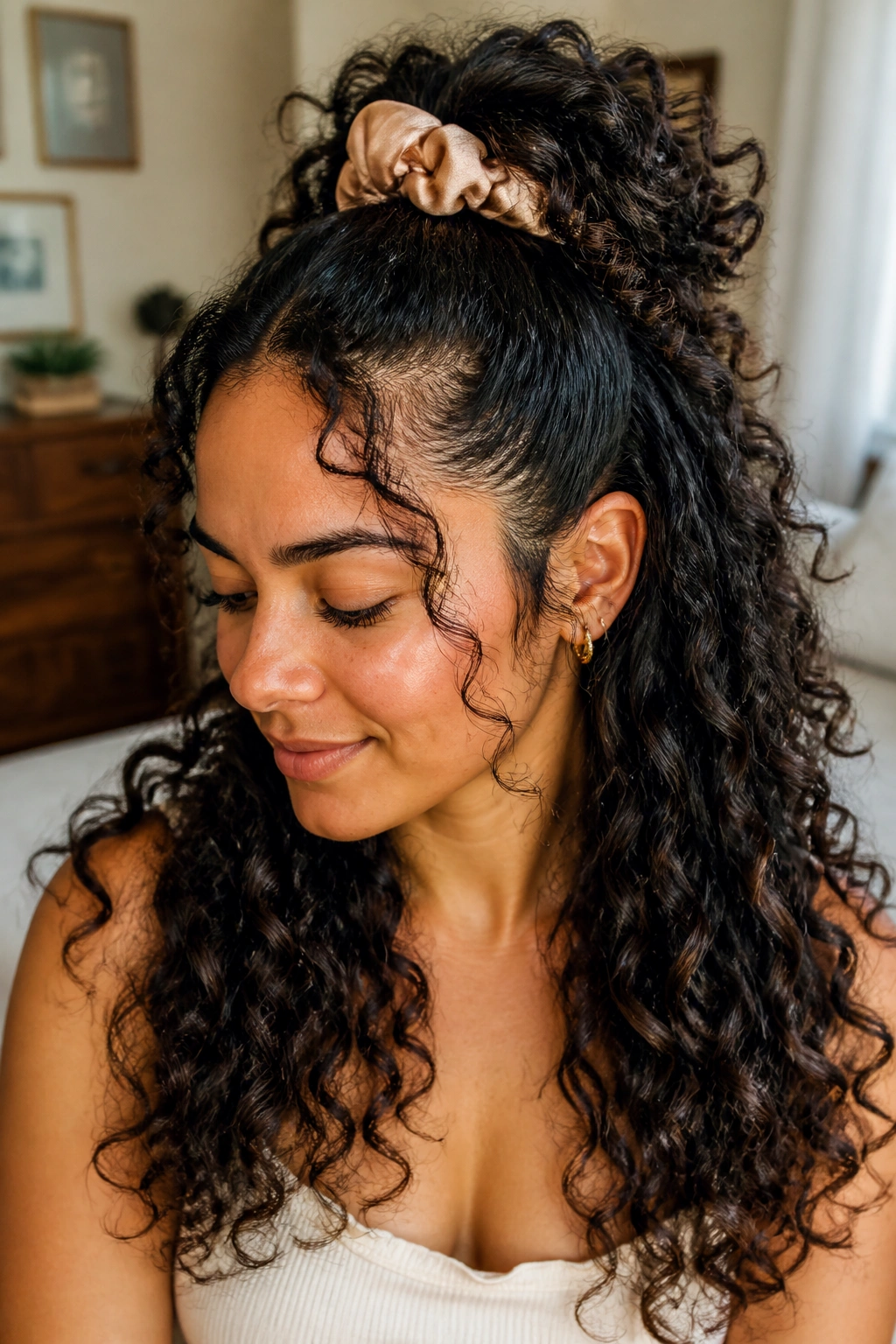 Close-up of a real woman with a curly half up puff hairstyle secured with a satin scrunchie