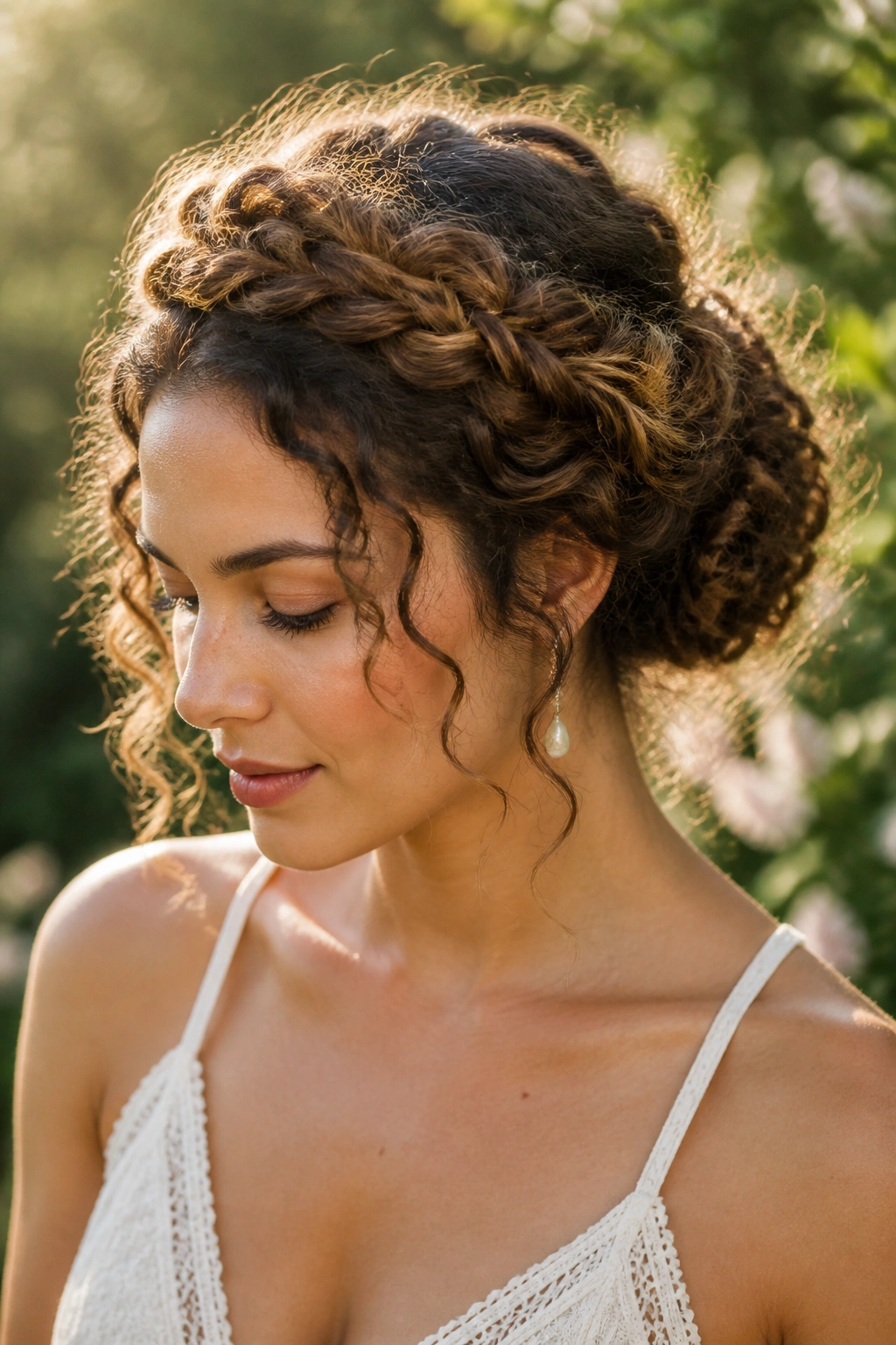 Close-up of a woman with curly halo bun