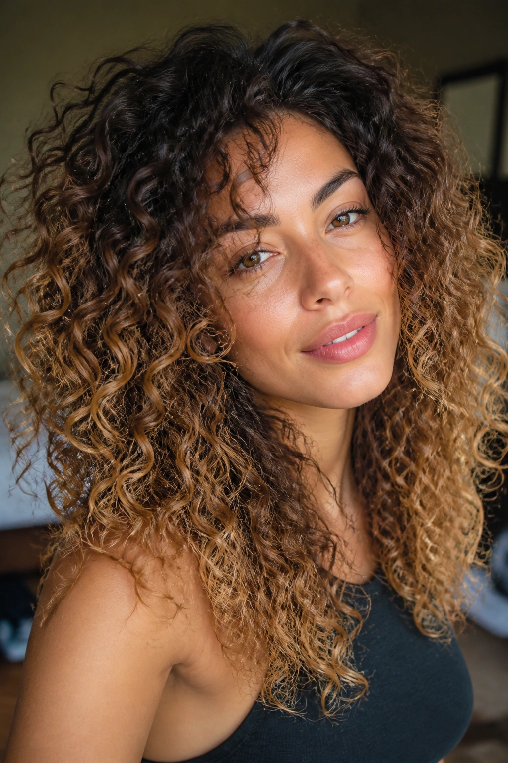 Close-up of real woman with curly hair and warm honey ends in natural light
