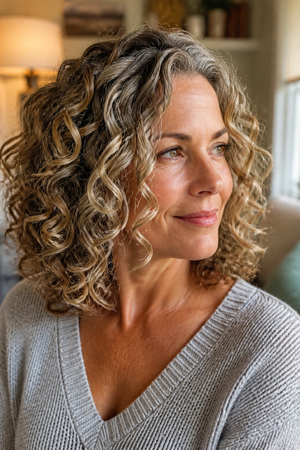 Close-up of curly shoulder-length hair with honey-gray ribbons on a real person