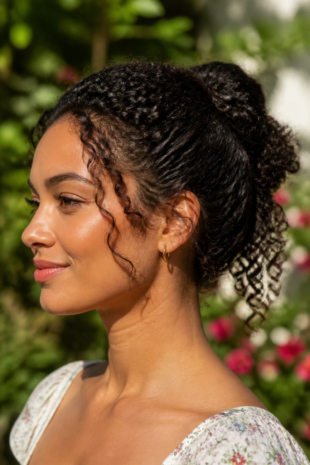 Close-up of a real woman with a curly hair knot ponytail.