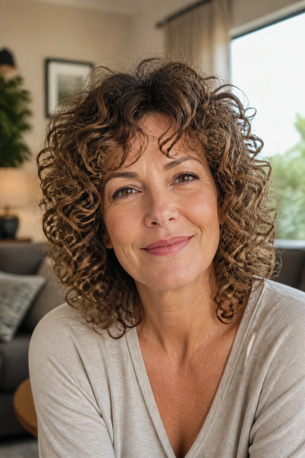 Portrait of a real woman with shoulder-length curly hair showing defined layers that keep shape.