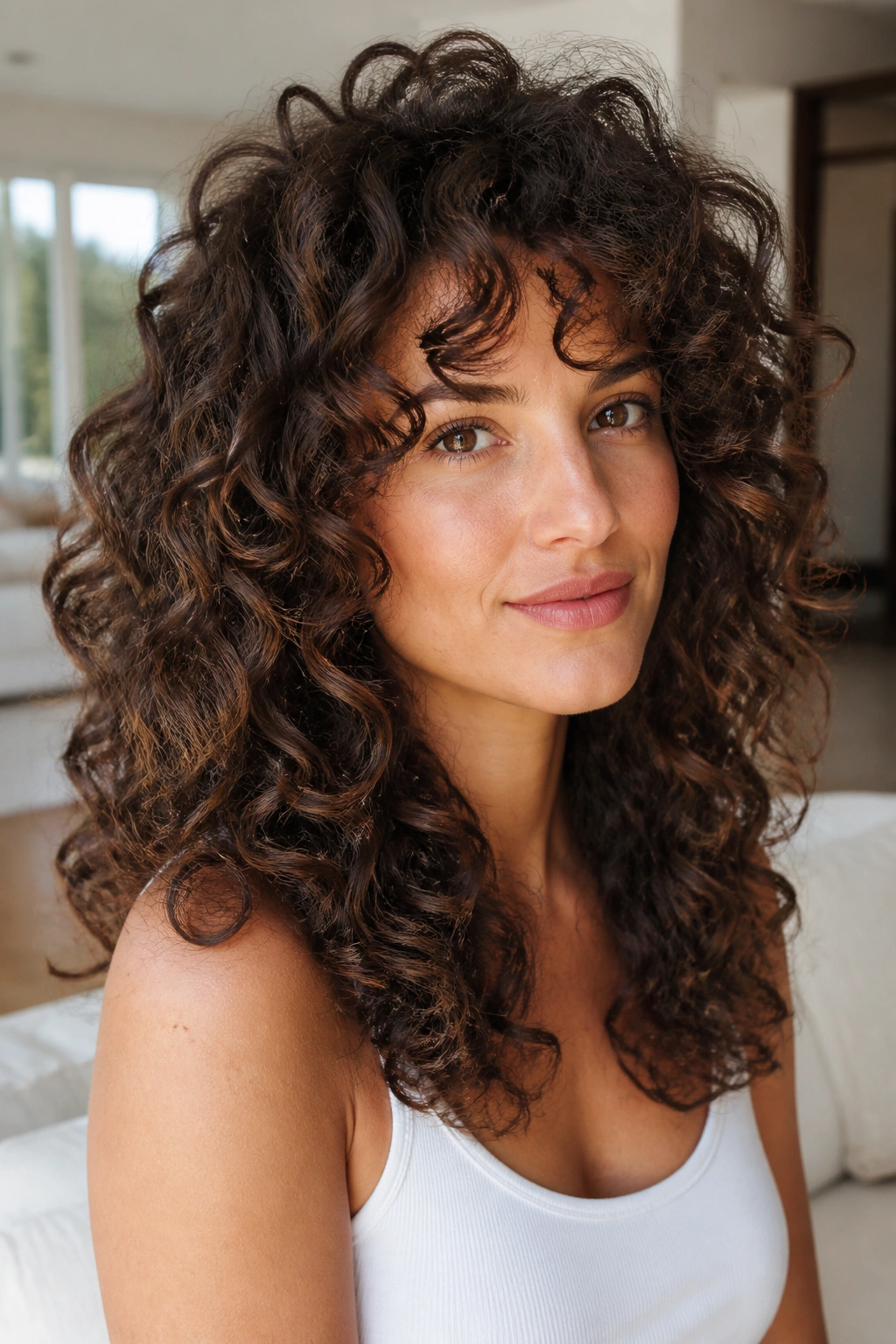 Portrait of a woman with thick curly hair layered to let curls breathe