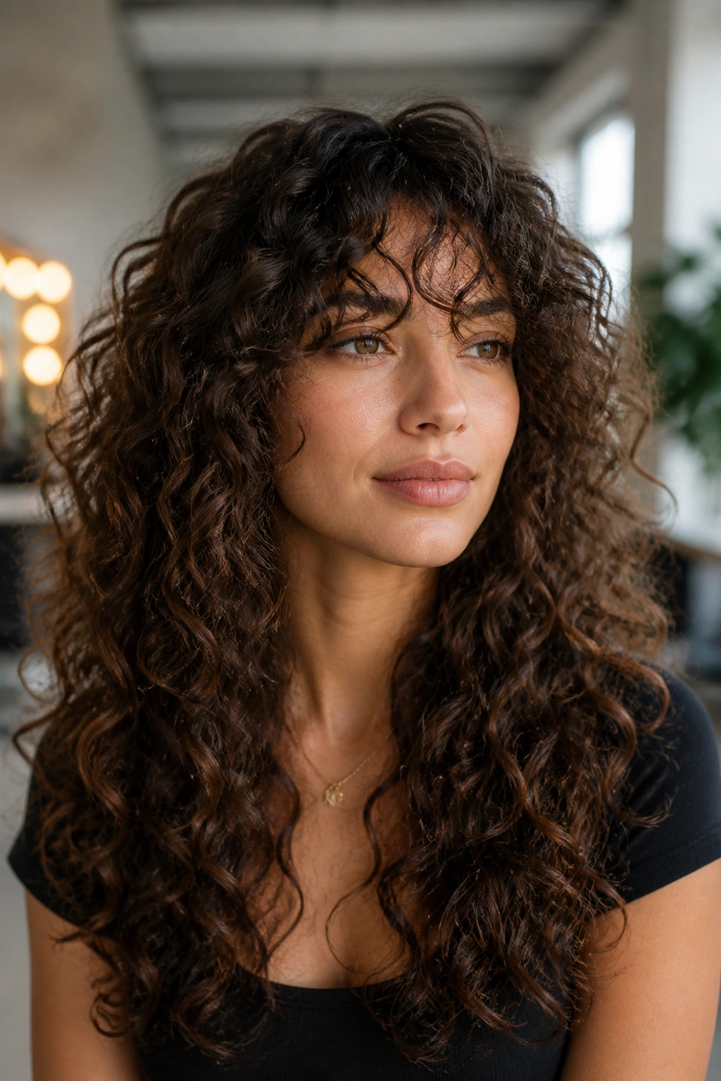 Close-up of a real woman with evenly balanced layered curls in a salon setting.
