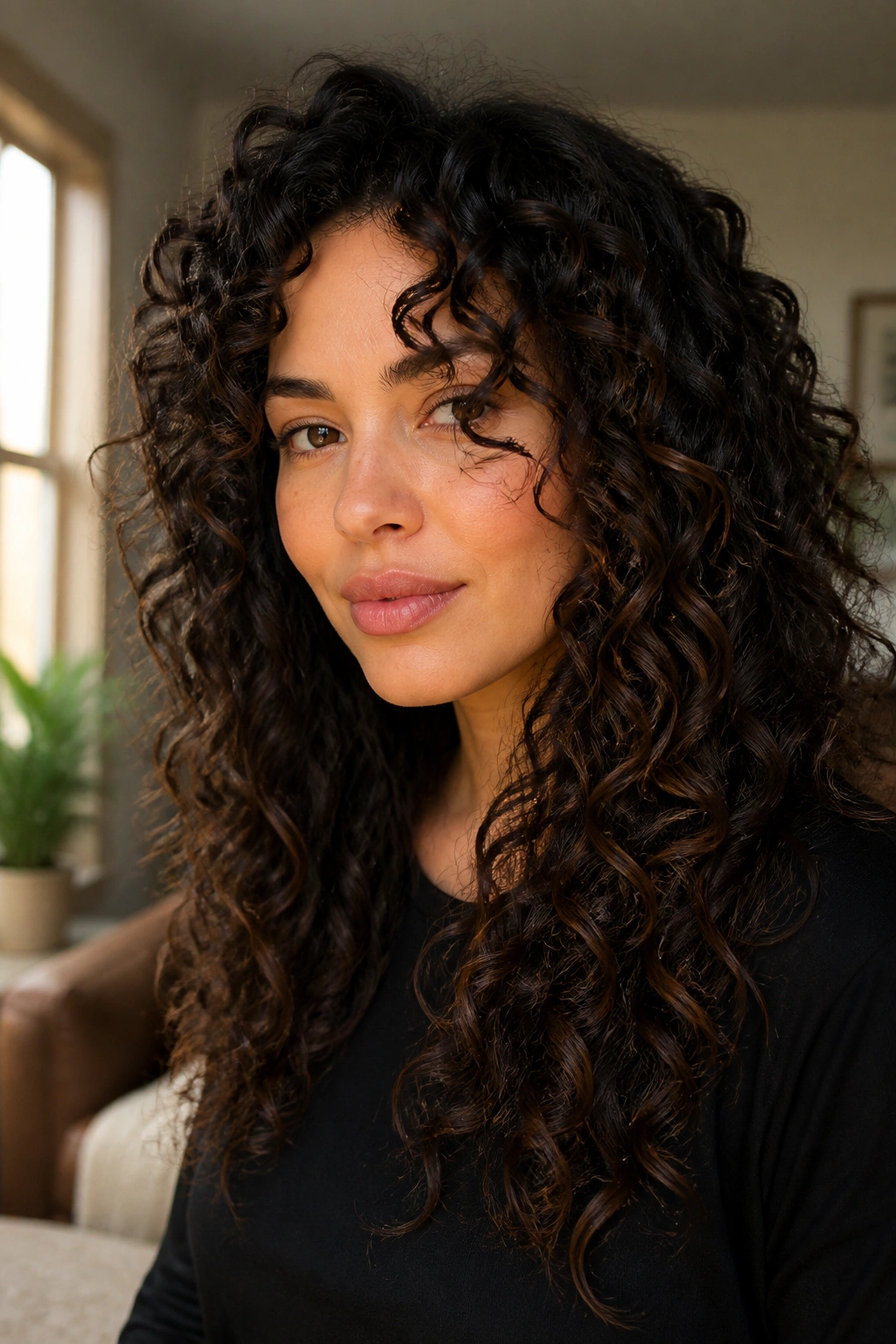 Close-up portrait of a real woman with curly layers and front definition framing her face in warm daylight