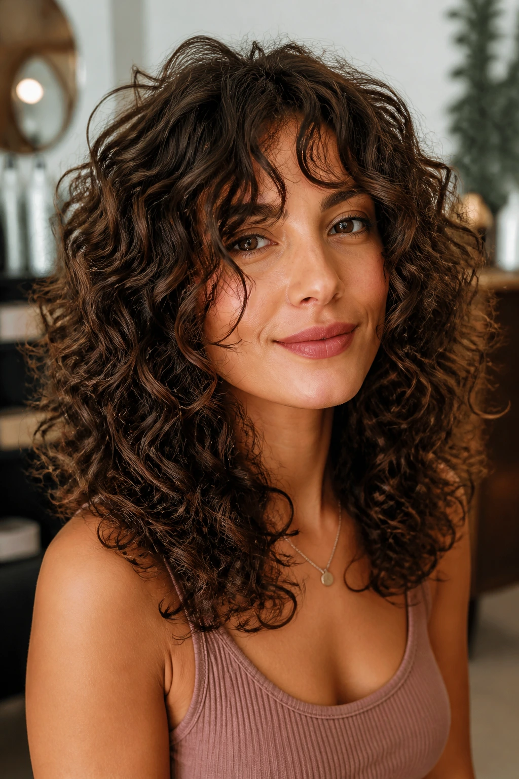 Close-up of a real woman with layered curly haircut showing face-framing curls