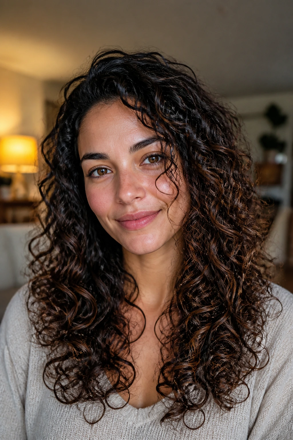 Real woman with curly hair showing layered cut that respects curl pattern.