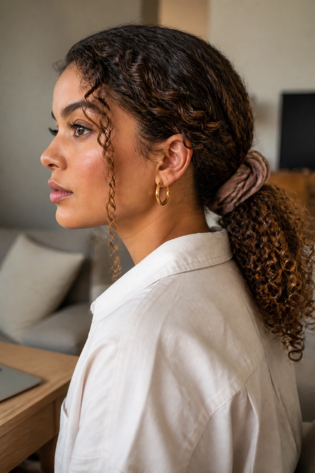 Close-up of a real woman with hydrated curls in a low ponytail showing texture and satin scrunchie.