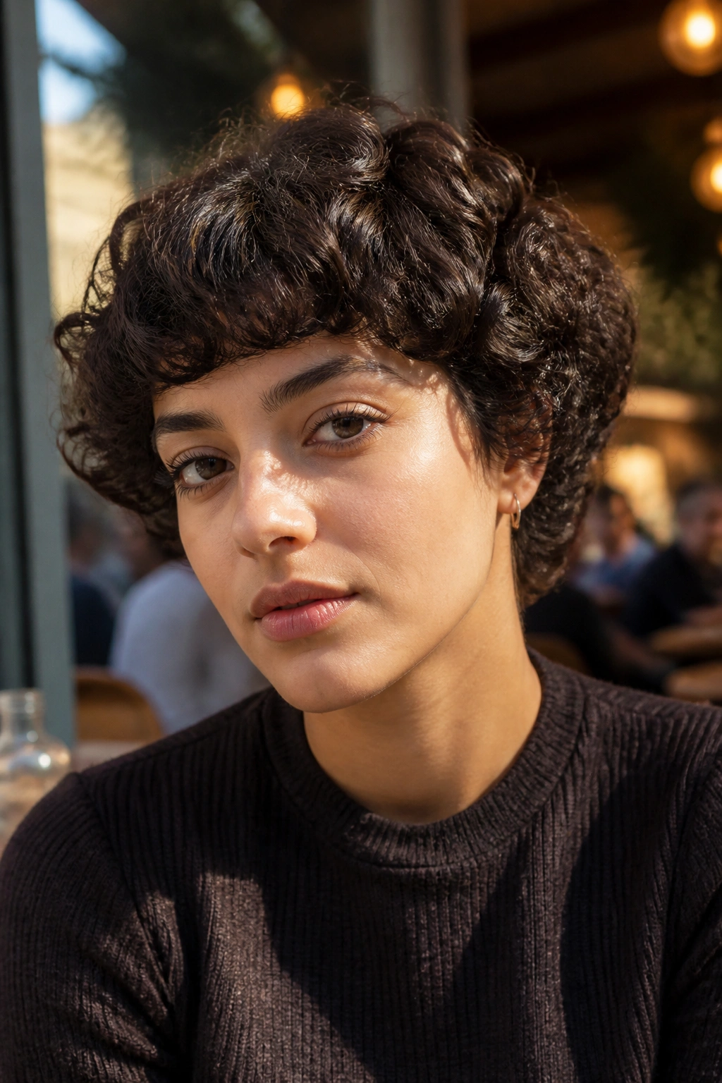 Portrait of a person with a rounded fringe mod crop on curly hair in outdoor light