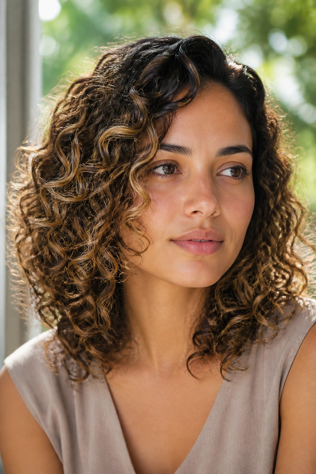 Close-up of a real woman with curly hair featuring painted surface highlights